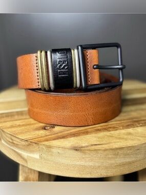 DIESEL Caramel Tan Leather Belt with Tri-Tone Buckle Accent | EU 95/US 38